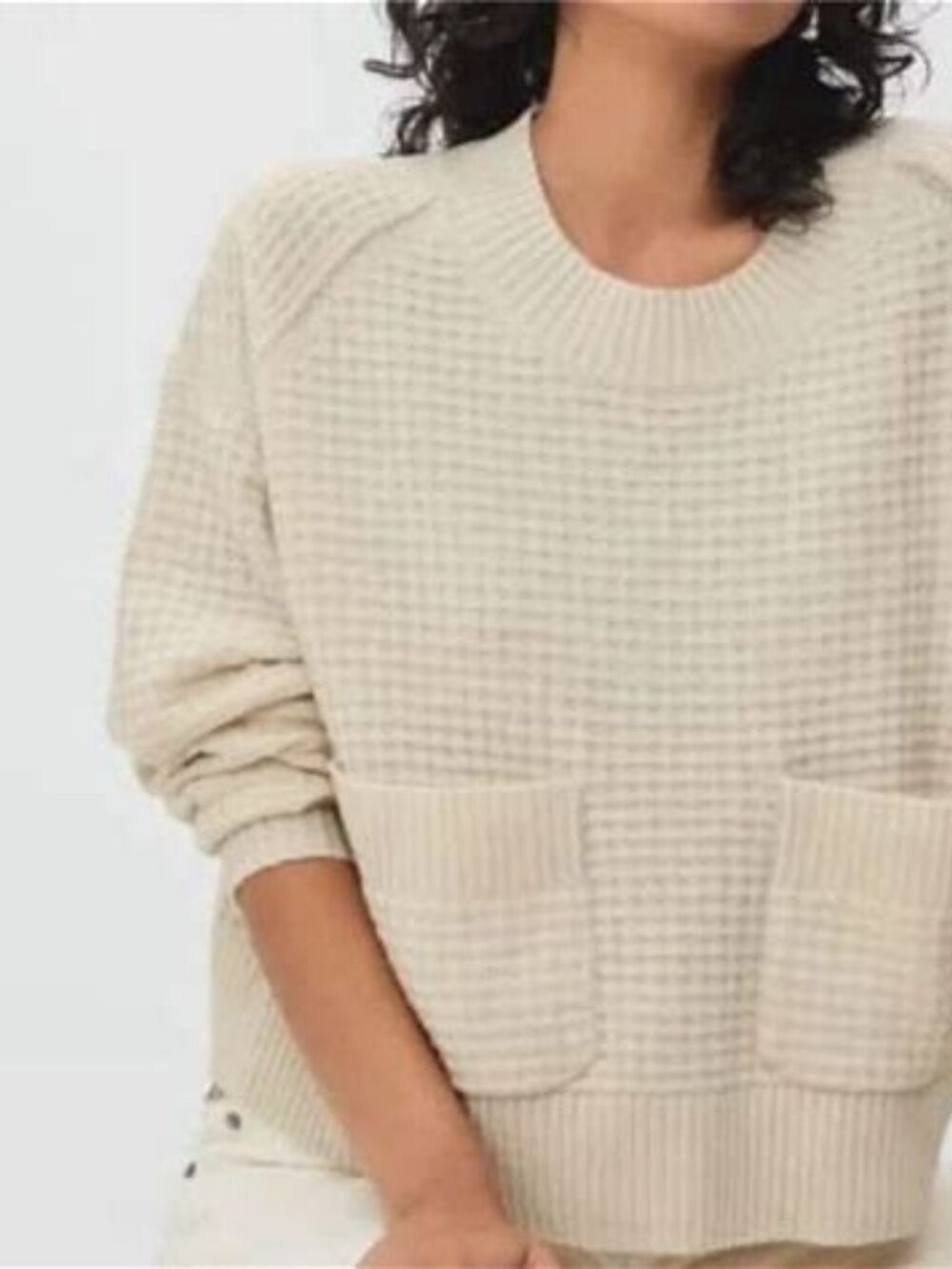 Everlane Recycled Cashmere Waffle Knit Pocket Sweater Ivory Cream Boxy Crop M